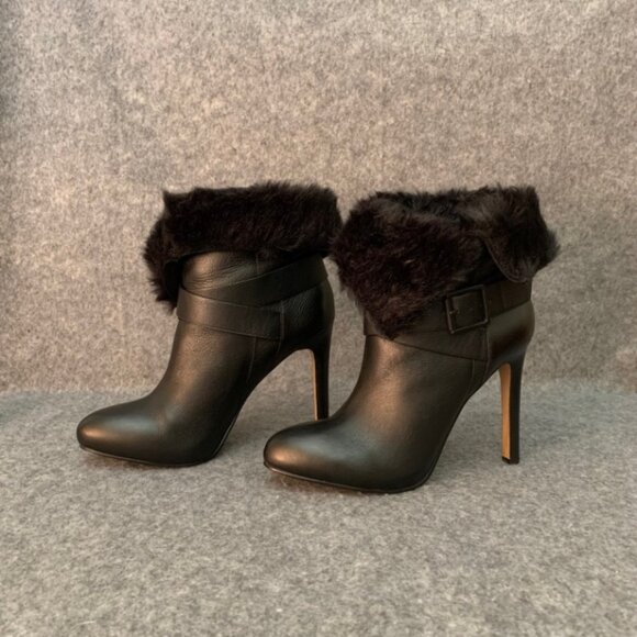 Aldo Women's Black Leather Pull Up Bootie Faux Fur Side Buckle Strap Ankle Boots - Picture 5 of 11